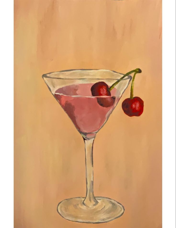 a painting of a martini glass with cherries on the rim and a cherry garnish