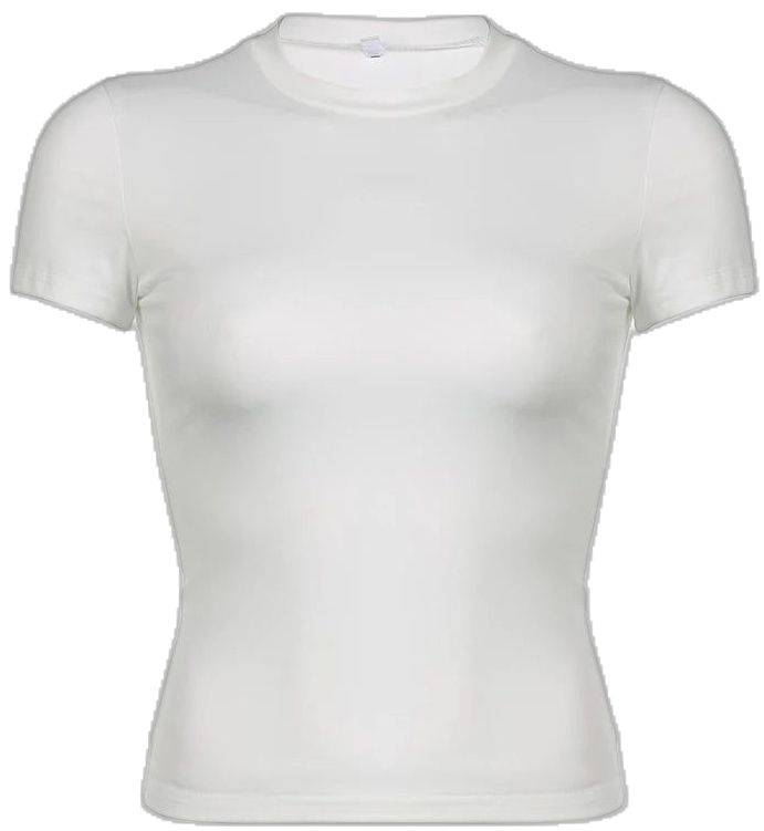 a women's white t - shirt with short sleeves and a round neckline