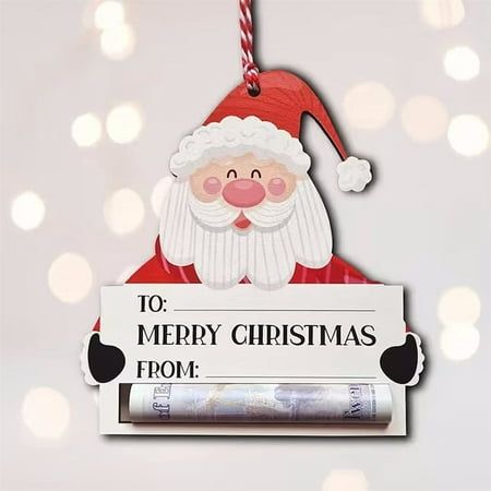 a christmas ornament with a santa clause holding a sign that says to merry christmas from