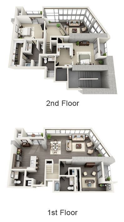 two floor plans with the first and second floors in each room, one is empty