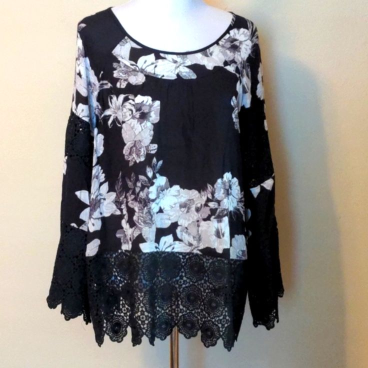 Black Floral Pull Over Blouse By Curations. Crochet Lace At Bottom Hem, Mid Sleeve And At The End Of Sleeves. Size Medium. Pit To Pit, Flat Is 21 Inches. 27 Inches Long. Black Summer Tops With Lace Sleeves, Summer Black Top With Lace Sleeves, Black Lace Sleeve Top For Summer, Black Lace Trim Top For Spring, Black Long Sleeve Crochet Lace Top, Spring Black Crochet Lace Top, Black Long Sleeve Lace Top For Summer, Elegant Black Crochet Lace Tops, Black Lace Sleeve Tops For Spring