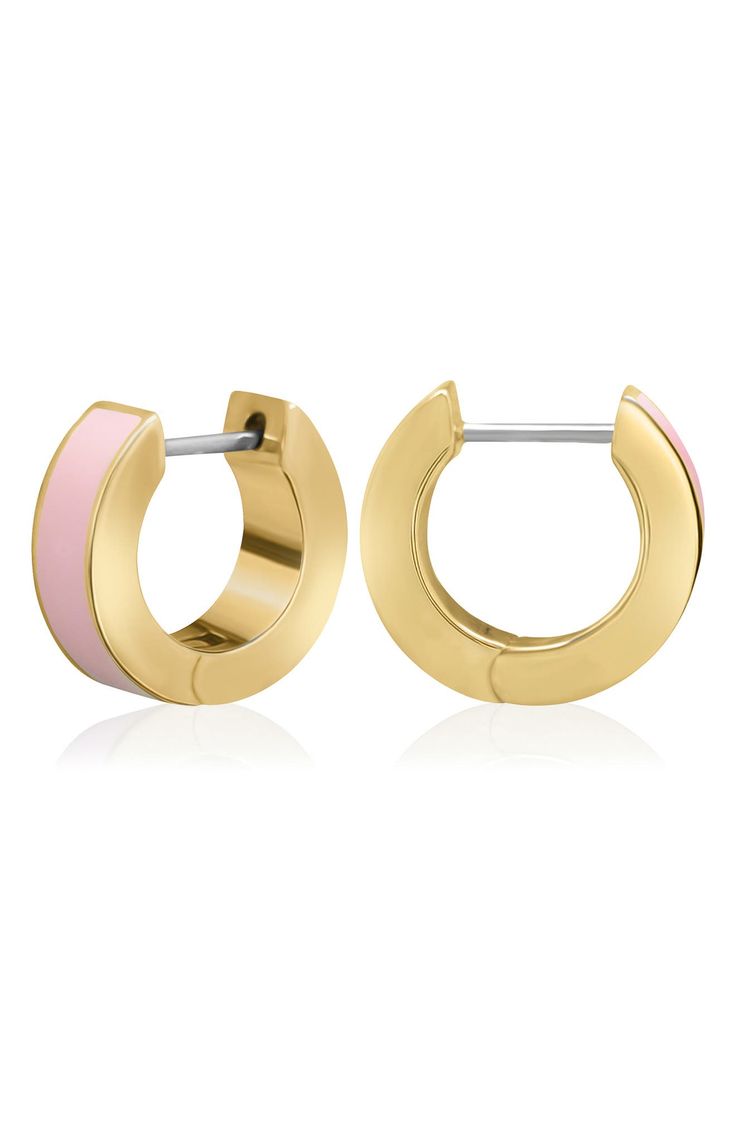 Easy-to-wear hoop earrings will add significant polish to even your most casual ensembles. 1/2" drop Hinge with snap-post closure Goldtone plate/enamel Imported Small Hoop Enamel Earrings, Pink Enamel Hoop Earrings, Everyday Enamel Hoop Earrings, Trendy Round Enamel Hoop Earrings, Enamel Huggie Hoop Earrings For Pierced Ears, Hoop Huggie Earrings In Enamel, Enamel Huggie Hoop Earrings, Hinged Hoop Huggie Earrings, Gold Enamel Hoop Huggie Earrings