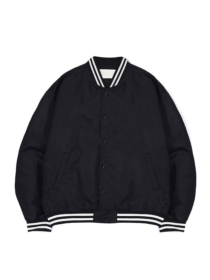 Editor's notesIt is an oversized fit stadium jacket. The comfy jacket is made of a lightweight nylon fabric. It is a basic and casual jacket that features snap button closure, lining, and stripe patterned ribbed cotton neck, cuffs, and hem.- Oversized fit- Snap button- Stripe patterned, Ribbed neck, cuffs, hem- Basic and comfy- Lightweight jacketMeasurements(in.)S / M- Length: 26 in. / 27 in.- Chest: 24.8 in. / 26 in.- Shoulder: 21.3 in. / 22.4 in.- Sleeve Length: 22.8 in. / 24 in.*Model info: H Striped Outerwear With Ribbed Cuffs For Winter, Classic Cotton Outerwear For College, Striped Winter Streetwear Outerwear, Striped Outerwear For Winter Streetwear, Winter Striped Streetwear Outerwear, College Style Black Outerwear With Pockets, Black Outerwear With Pockets For College, Cotton Varsity Jacket With Pockets, Black College Style Varsity Jacket With Pockets