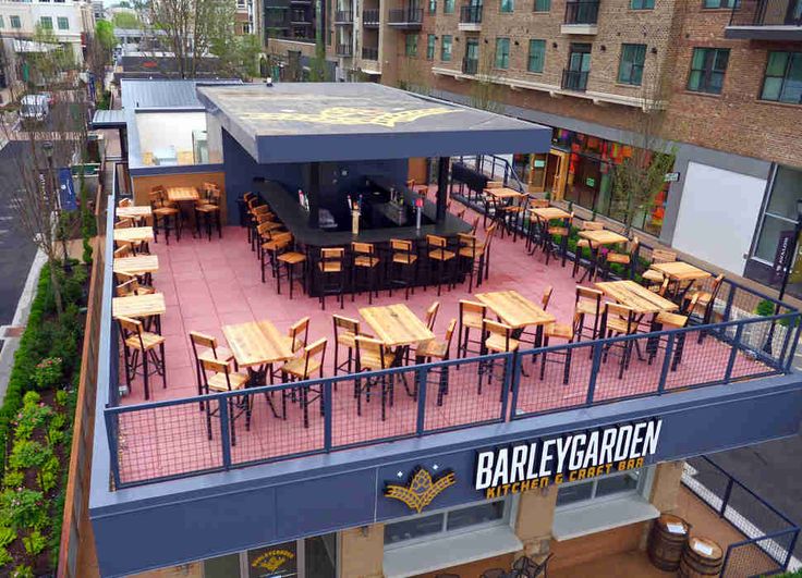 an overhead view of a patio with tables and chairs in the center, surrounded by tall buildings