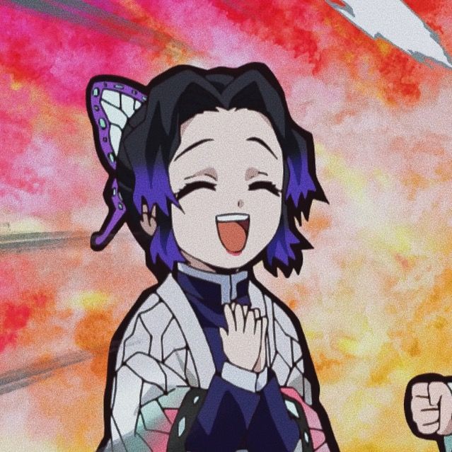 an anime character with purple hair and blue eyes is smiling at the camera while holding her hand up in front of her face