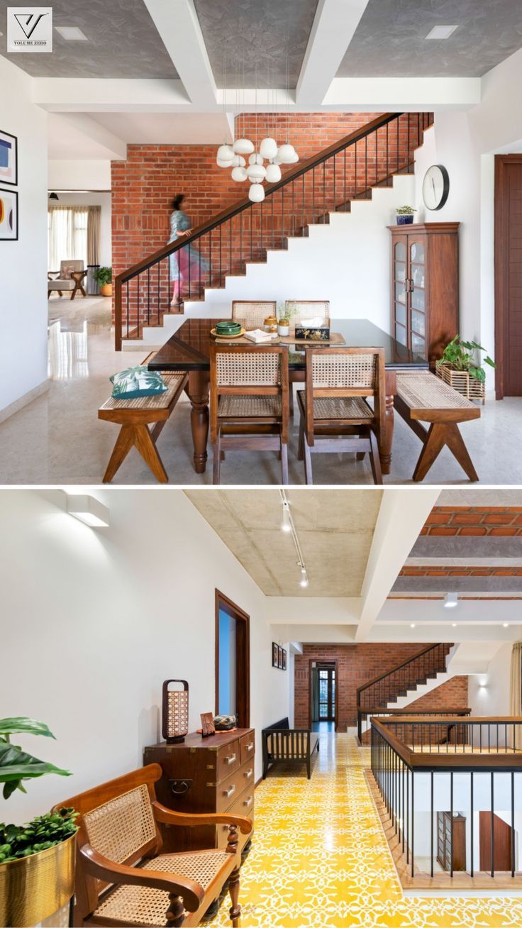 this is an image of a dining room and living room in a house with yellow flooring