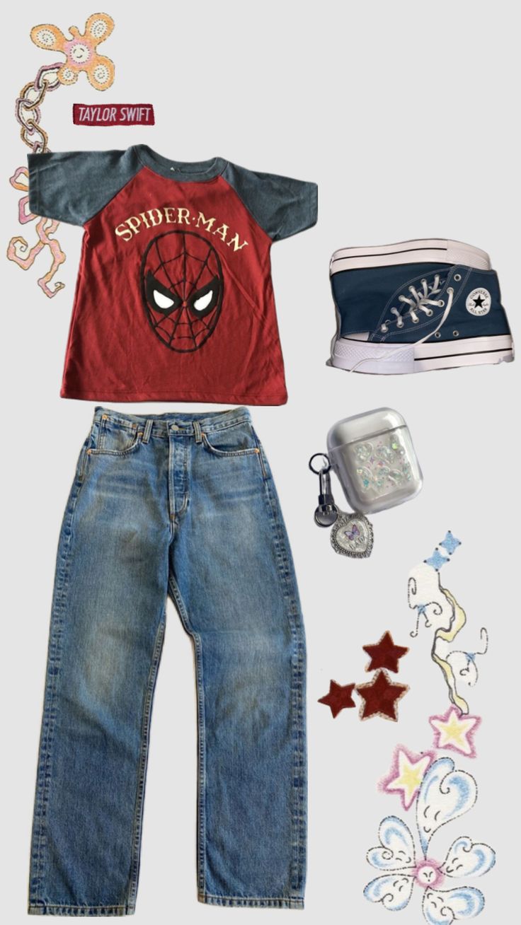 a doll is dressed up as spider - man and has blue jeans, red t - shirt, converse shoes, and handbag