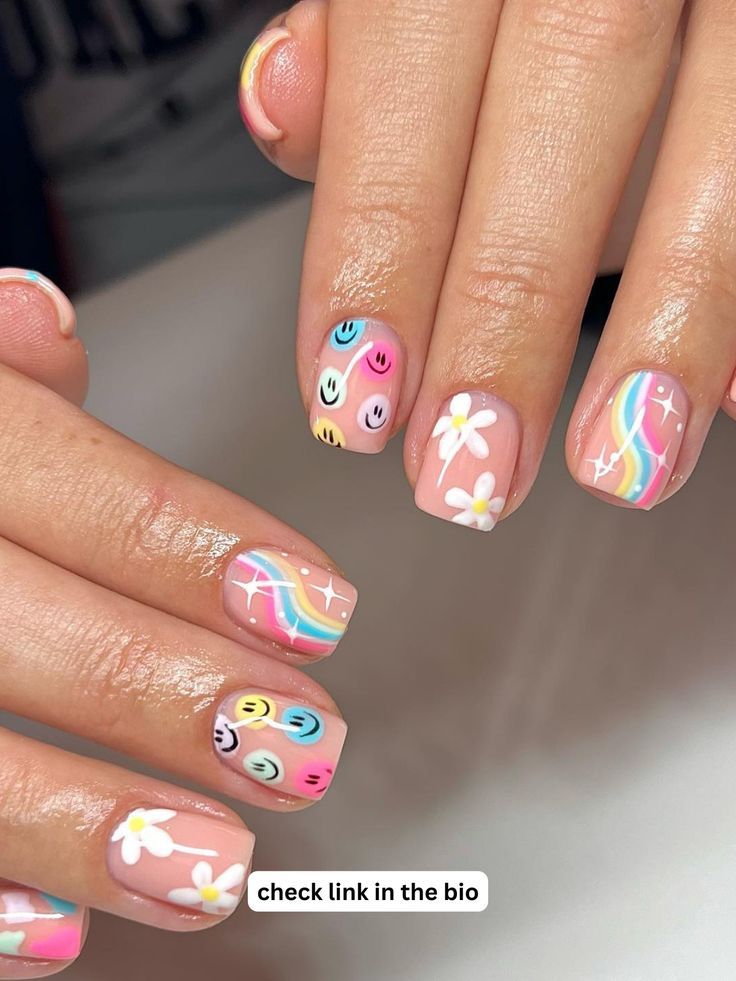 summer nails Kids Nail Designs, Rainbow Nails Design, Funky Nail Art, Cute Simple Nails, Happy Nails, Summery Nails, Really Cute Nails, Cute Gel Nails