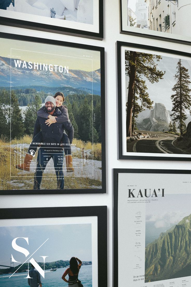 a wall covered in pictures and posters with people standing next to each other on it