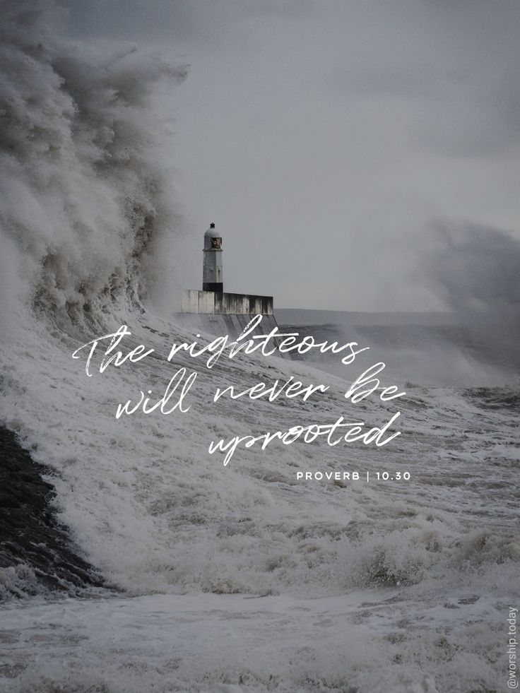 a lighthouse in the middle of waves with a bible verse above it that reads, the righteous will never be uprooted