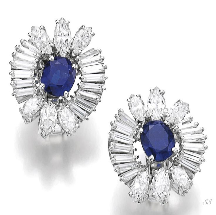 Sapphire and diamond ear clips, circa 1950: Each set with an oval sapphire within radiating marquise-shaped and baguette diamond frames, each signed Boucheron, French assay and partial maker's marks. Old Master Paintings, Master Paintings, Diamond Frame, Ear Clips, Luxury Jewellery, Jewelry Boards, Jewelry Brand, Pear Diamond, Old Master