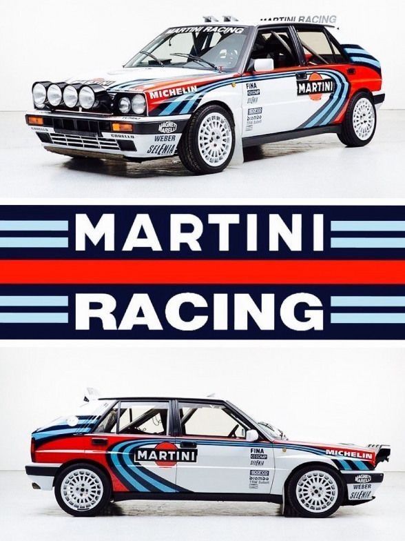 two different cars side by side with the words martini racing on them