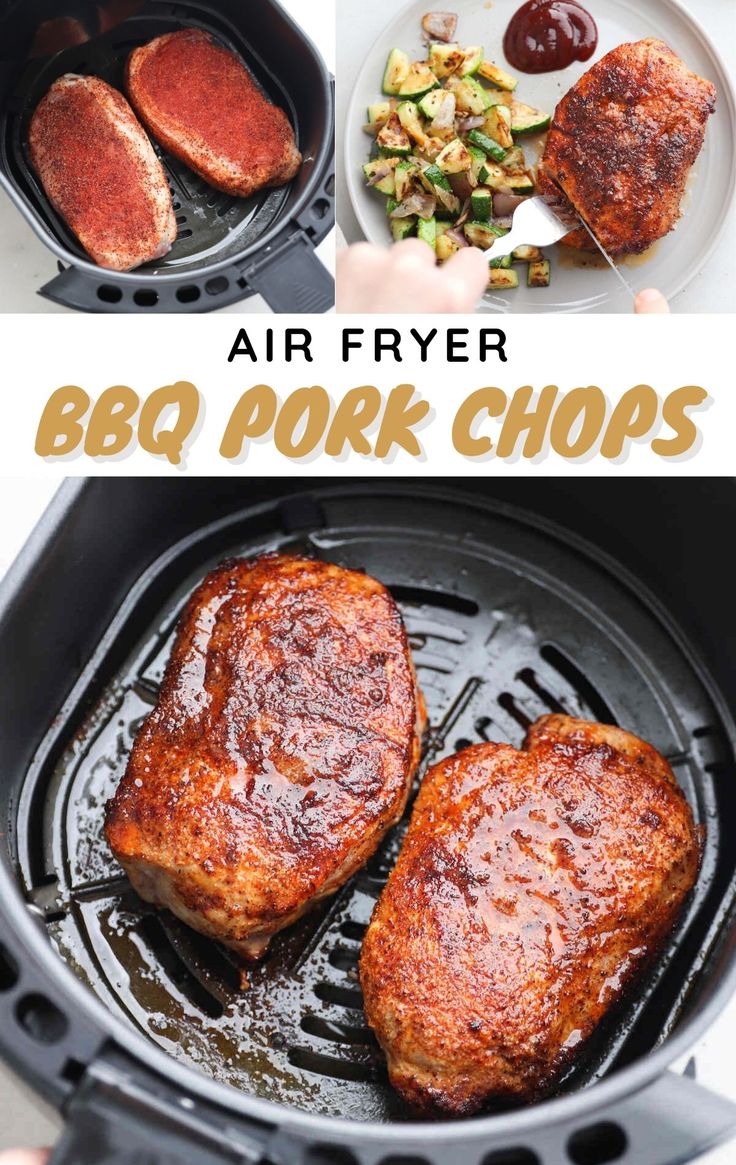 air fryer bbq pork chops recipe with text overlay