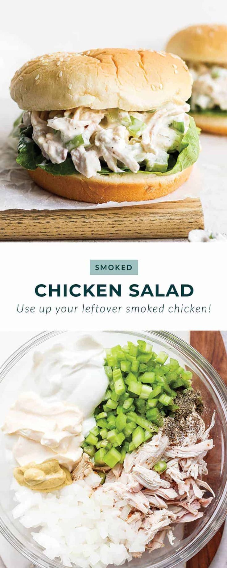 chicken salad with lettuce, onions and mayonnaise in a glass bowl