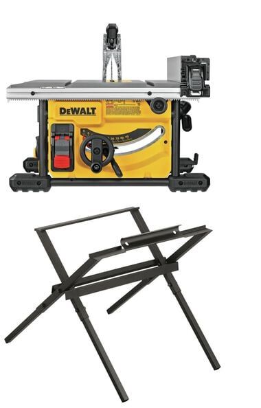 a table saw sits on top of a stand with tools attached to the back end