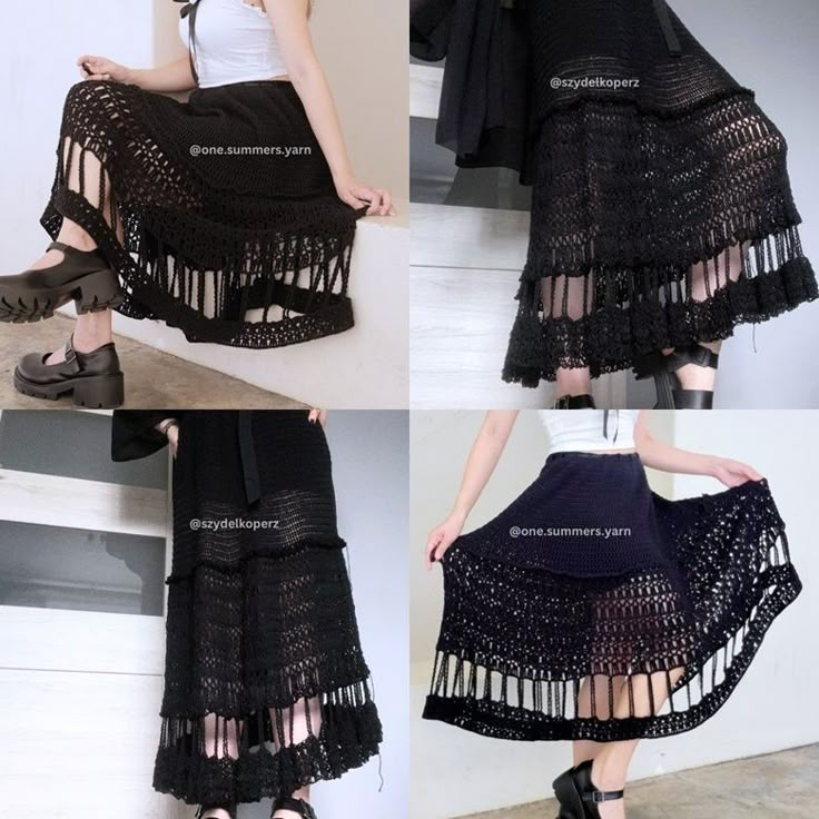 three pictures of a woman wearing a black skirt with sheer laces on the bottom