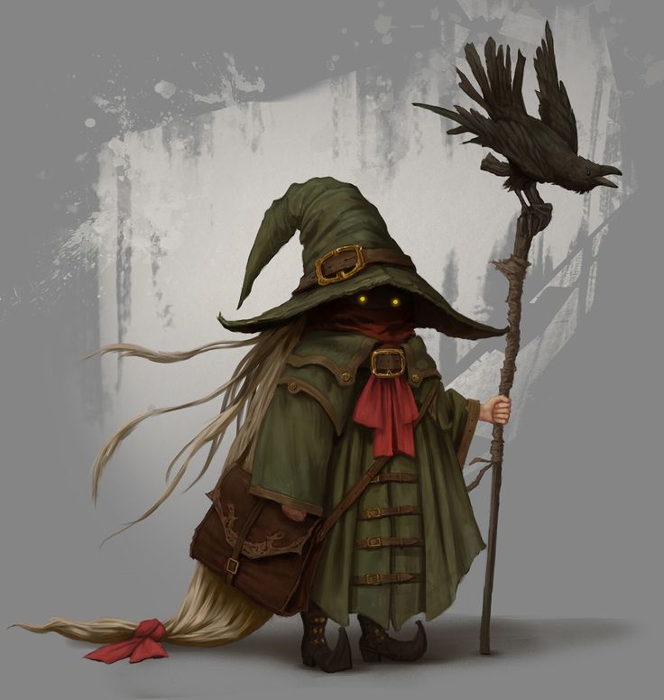 a painting of a wizard with a crow on his shoulder and holding a stick in one hand