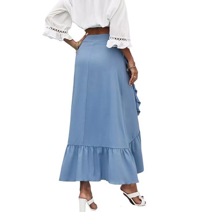 Blue Wrap Ruffled Hem Tie Waist Maxi Skirt Spring Maxi Skirt With Ruffles, Solid High Waist Wrap Skirt For Spring, High Waist Solid Wrap Skirt For Spring, Long Ruffle Hem Skirt For Brunch, Chic Blue Ruffled Maxi Skirt, Long Skirt With Ruffle Hem For Brunch, Blue Flared Skirt For Brunch, Brunch Blue Flowy Skirt, Blue Maxi Skirt For Brunch