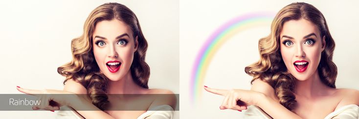 a woman making a funny face with her finger and pointing at the rainbow in the background