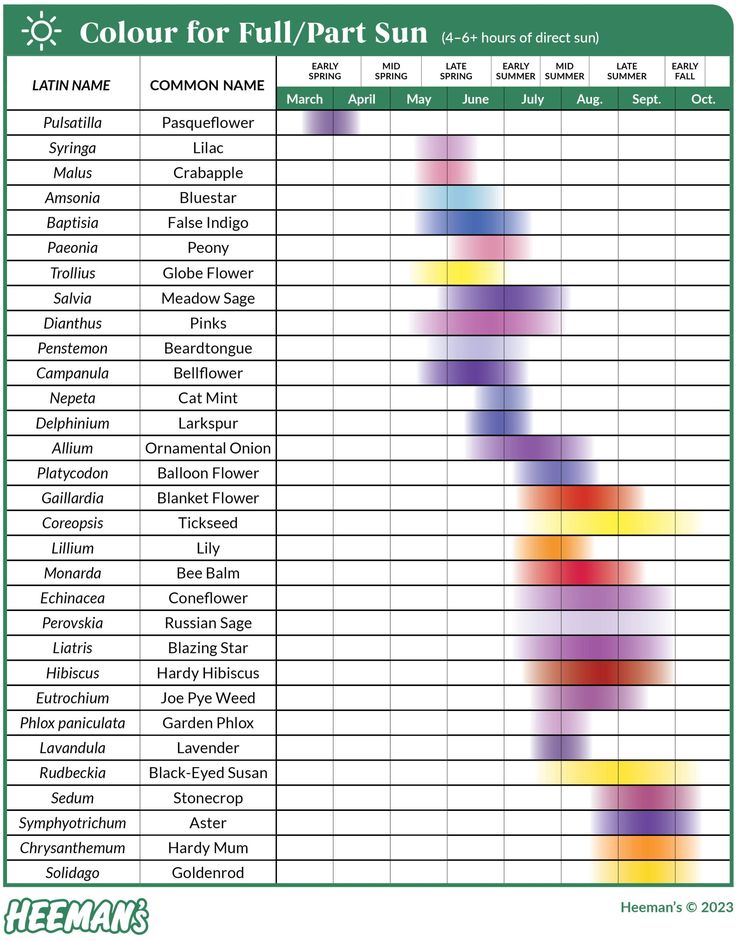 the color chart for full part sun