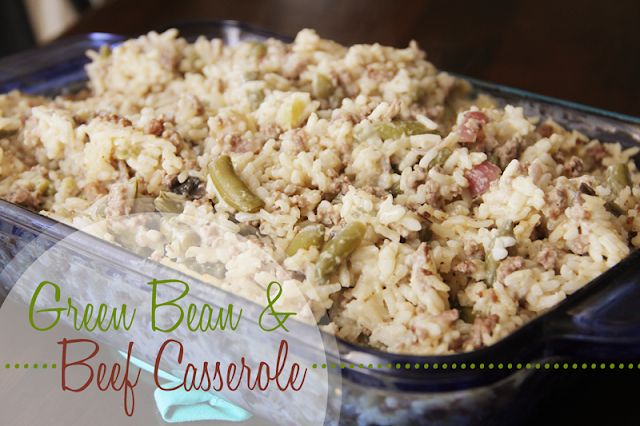 green bean and rice casserole in a blue dish with text overlay that reads, green bean and baby corn casserole