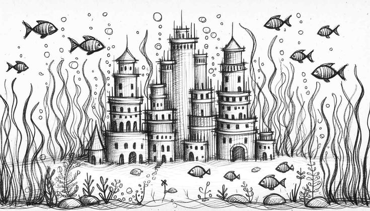 a drawing of a castle in the ocean with fish swimming around it and under water