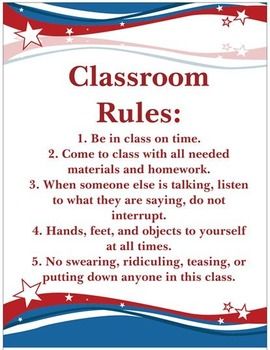 a classroom rules poster with stars and stripes in red, white, and blue colors