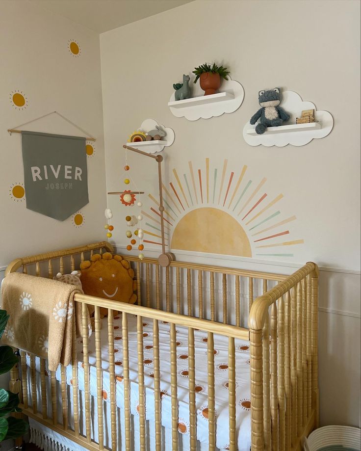 Cozy sunshine nursery Nursery With Sun Wall, Sunshine Theme Bedroom, Sunshine Theme Nursery, Sun Themed Room, Sun Nursery Theme, Terra Cotta Nursery, Sun Themed Nursery, Sunshine Themed Nursery, Sunshine Nursery Theme