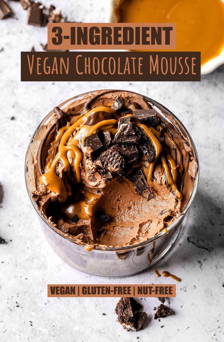 chocolate mousse in a metal bowl with the text 3 ingredient vegan chocolate mousse