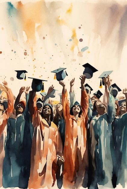 watercolor painting of graduates tossing their caps in the air