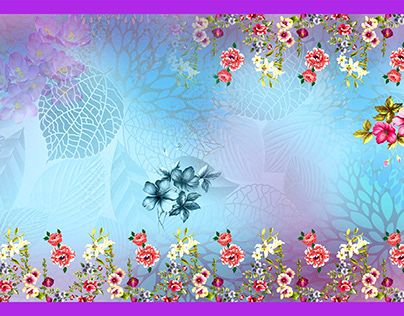 an image of flowers and leaves on a blue background with purple border around the edges