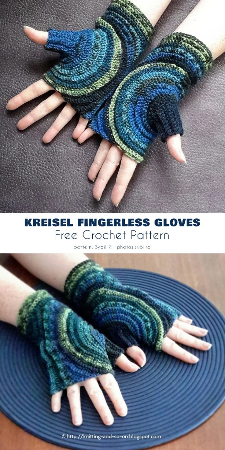 two pictures of hands with knitted fingerless gloves on them, one is green and the other is blue