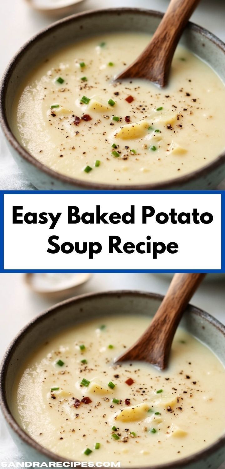 two bowls filled with baked potato soup on top of a white countertop and the words easy baked potato soup recipe below