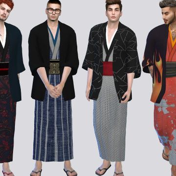 three men are standing next to each other wearing kimonos and sandals on their feet