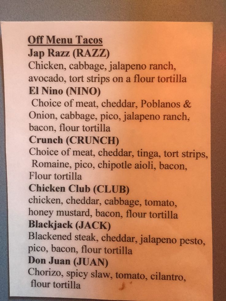 a menu listing the different types of tacos