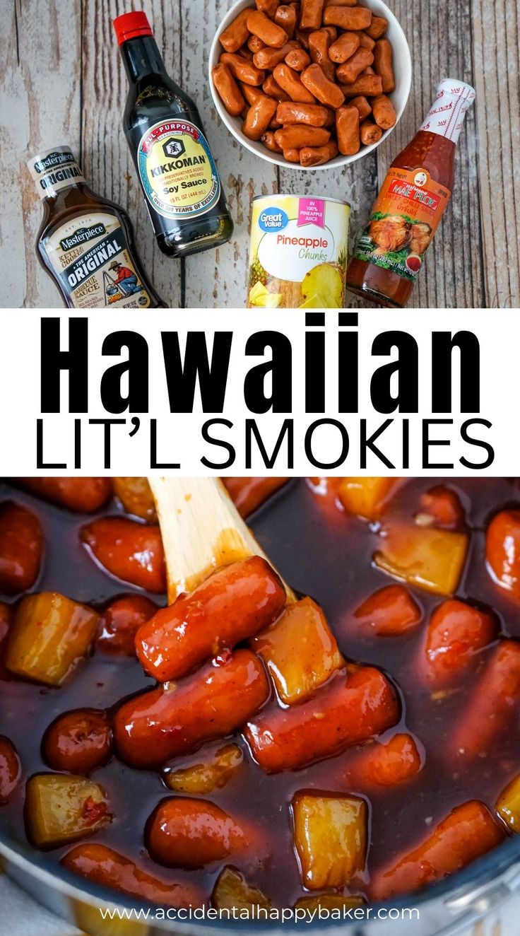 the ingredients to make hawaiian hot dogs are in a pot and being stirred with sauce