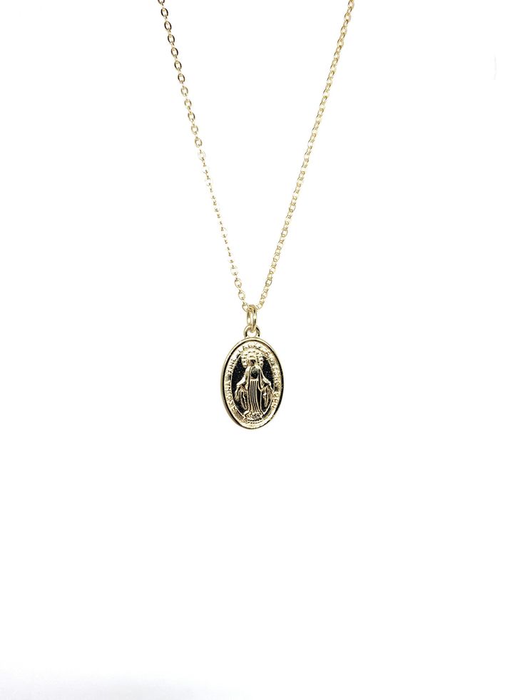 Sterling Silver Necklace with 14k Gold overlay (vermeil Silver). Necklace is 16 inches in length with 2 inch extender (18 inches in total length) Miraculous Medal Round Pendant Necklace As Gift, Miraculous Medal Round Pendant Necklace For Gift, Yellow Gold Miraculous Medal Necklace As Gift, Gold Miraculous Medal Necklace Gift, Virgin Mary Pendant Necklace As Gift, Oval Virgin Mary Jewelry Gift, Gold Oval Pendant Necklace For Mom, Oval Miraculous Medal Necklace As Gift, Gold Virgin Mary Pendant Necklace