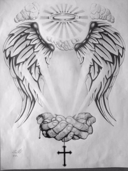 a drawing of two hands holding an angel's wings with a cross in the middle