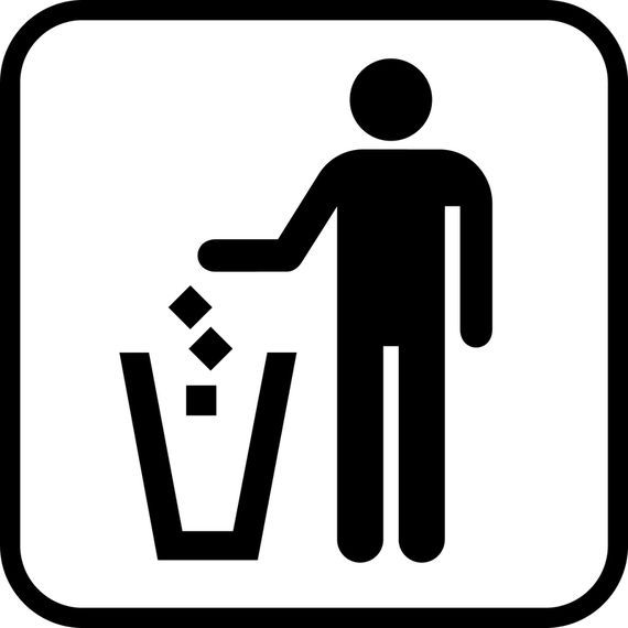 a man throwing garbage into a trash can, black and white icon on a light gray background