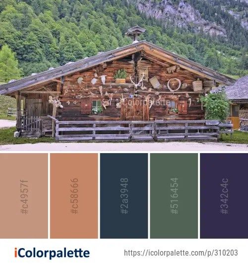 an image of a cabin with mountains in the background and colors to choose from for this color palette