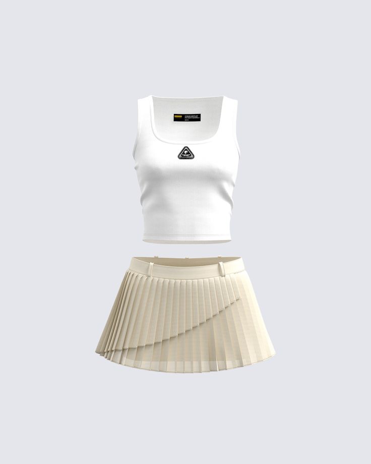 This effortless cool girl look is everything you need ���🙌 Versatile, and cute enough for a night out, or a chill day - this fit features a white logo tank top and a cream crepe pleat skirt 🤍 Trendy White Tank Top For Night Out, Casual White Tank Top For Night Out, Casual Summer Tennis Skirt For Night Out, Trendy White Tennis Skirt For Summer, Pleated Tennis Skirt, Pleat Skirt, Tennis Skirt, White Tank Top, White Tank