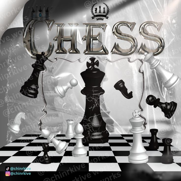 the chess game is being played in front of an image of black and white chess pieces