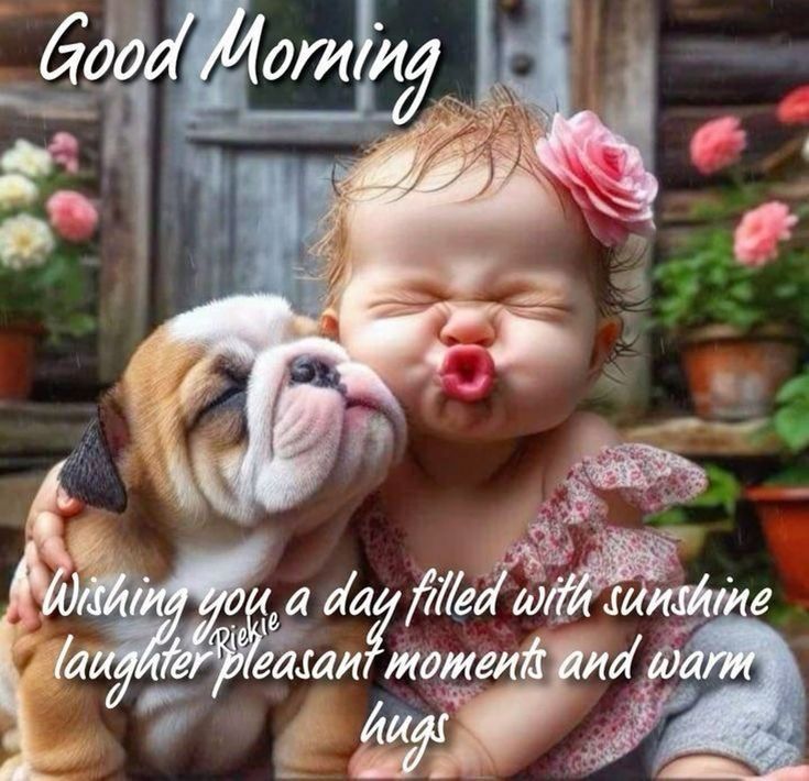 a baby and a puppy kissing each other with the caption saying good morning wishing you a day filled with sunshine, laughter pleasant moments and warm hugs