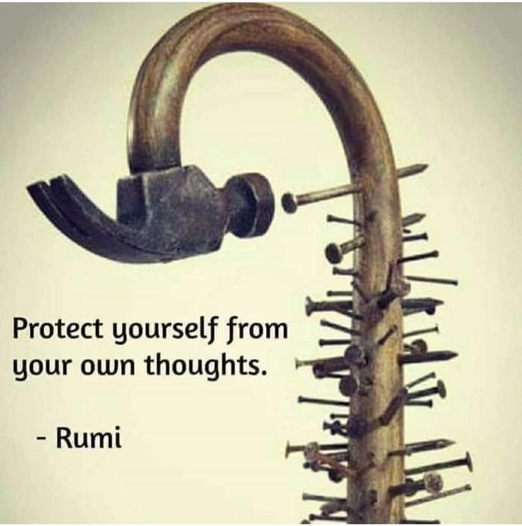 a wooden stick with spikes attached to it and a quote about protect yourself from your own thoughts