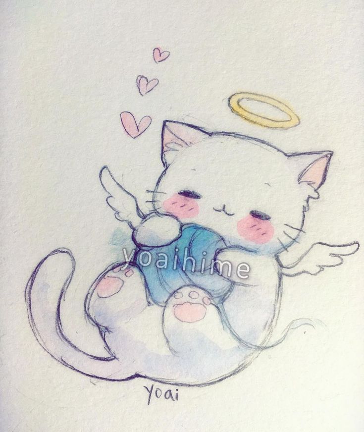 a drawing of a cat with an angel halo on it's head holding a stuffed animal