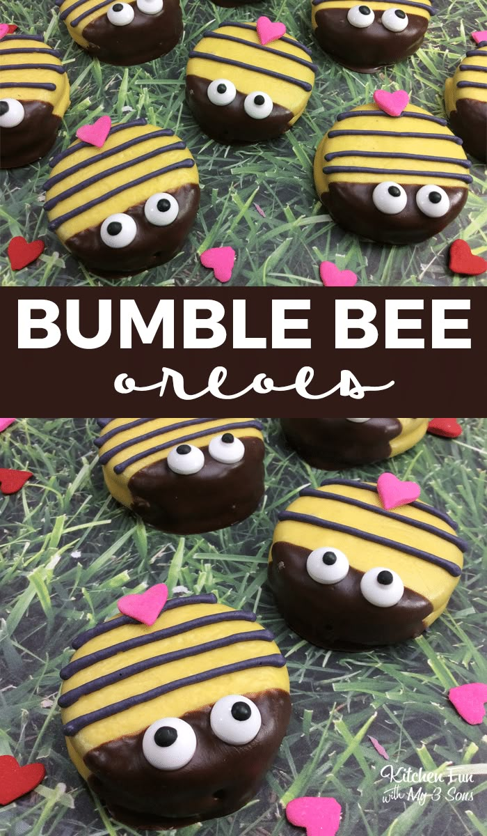 chocolate covered bumble bee oreos with eyes and hearts in the grass for valentine's day