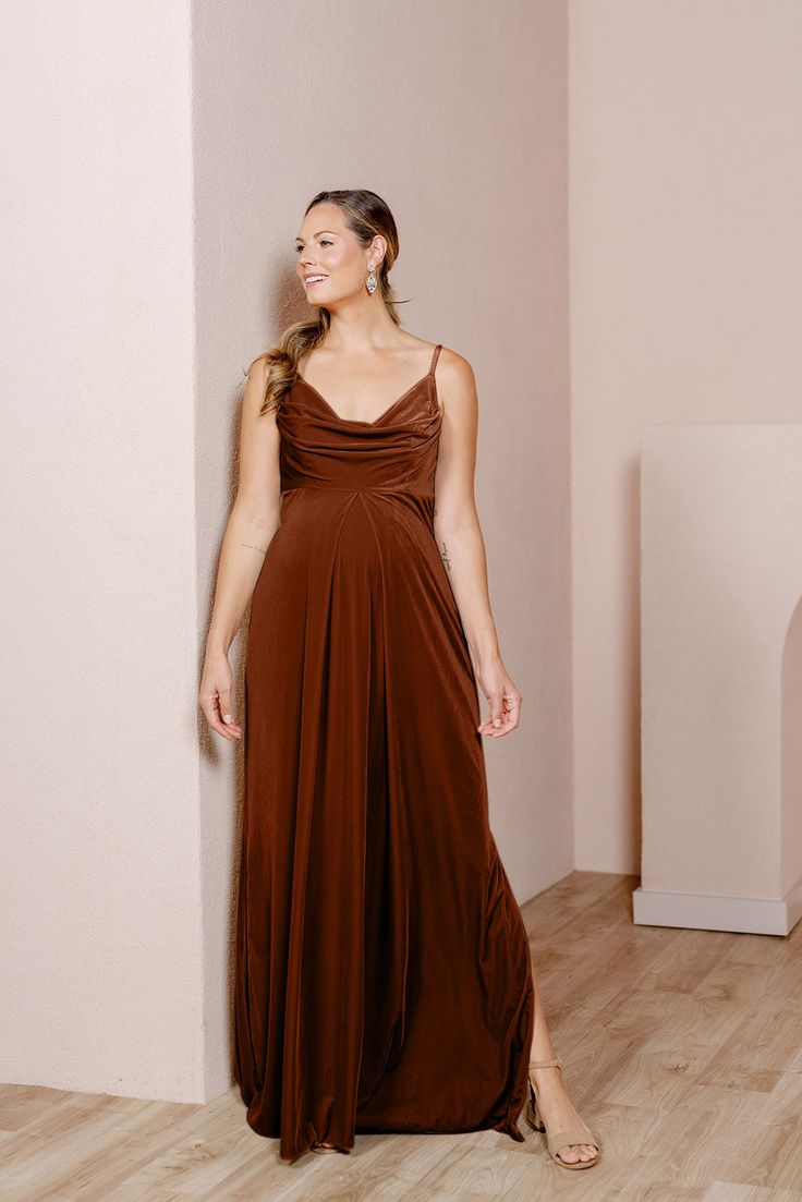 Maternity Skye Velvet Dress Revelry Dresses, Classic Gown, Wedding Parties Colors, Empire Silhouette, Burgundy Bridesmaid Dresses, Bridesmaid Dress Colors, Cowl Neckline, Extra Room, Bra Cups