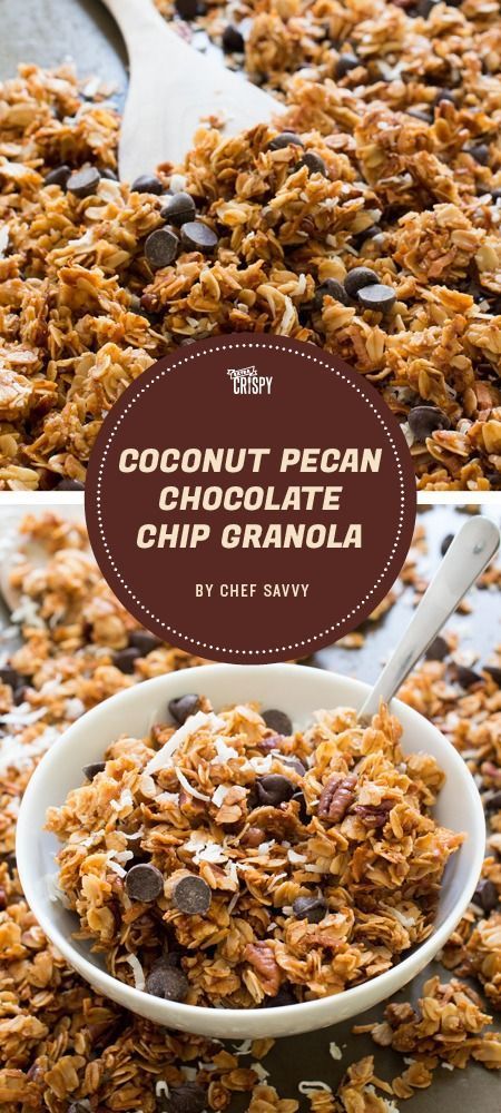 coconut pecan chocolate chip granola in a bowl