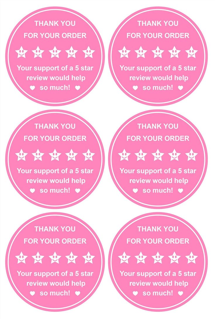 four pink stickers with white stars on them and thank you for order written in the center