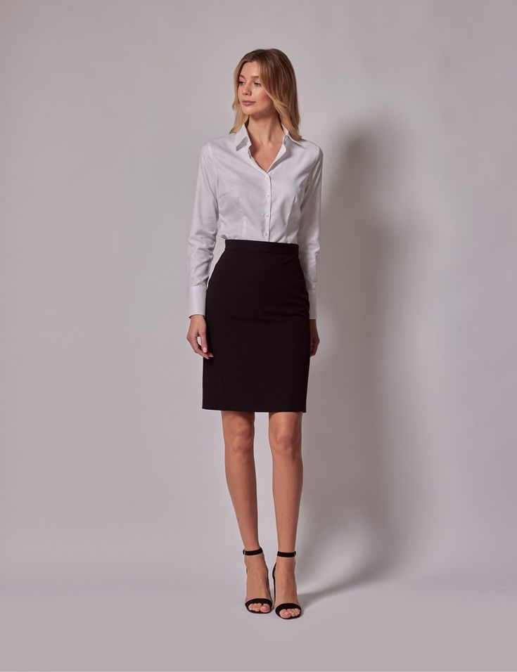 Women's Black Pencil Skirt | Hawes & Curtis Women Work Suits Office Wear, Skirt And Shirt Outfits Formal, Formal Work Outfits Women Office Wear, Embassy Interview Outfit, Corporate Outfits For Women Classy Skirt, Business Professional Skirt Outfits, Formal Outfits For Women Skirt, Black Skirt Office Outfit, Formal Interview Outfit Woman